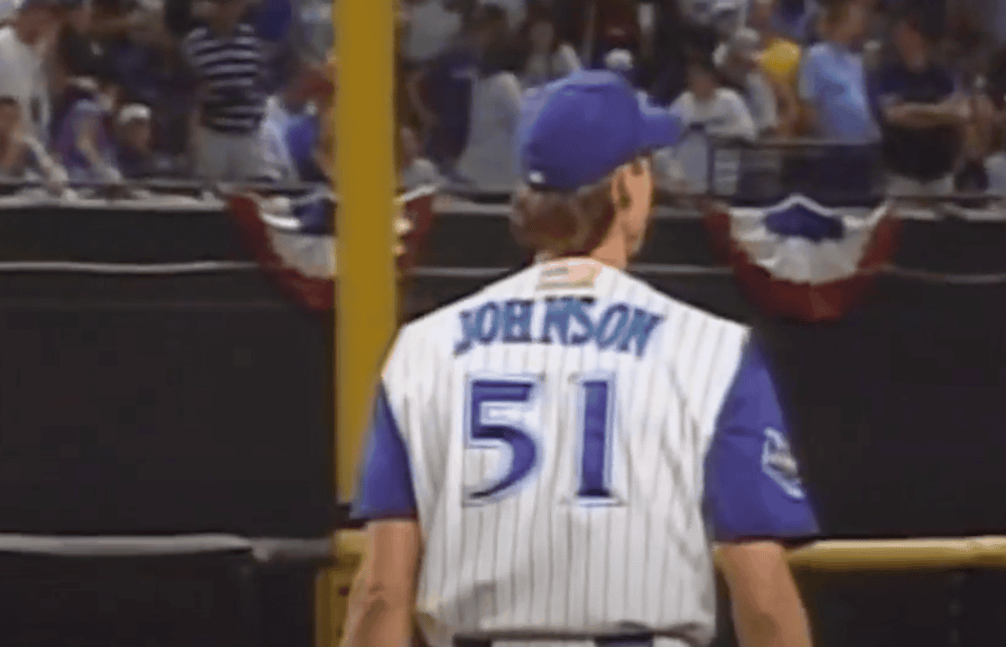 Randy Johnson celebrating his championship win with the Diamondbacks in 1999.